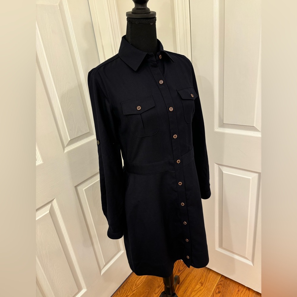 Trovata Birds of Paradis Navy Button Front Long Sleeve Navy Dress size‎ Small